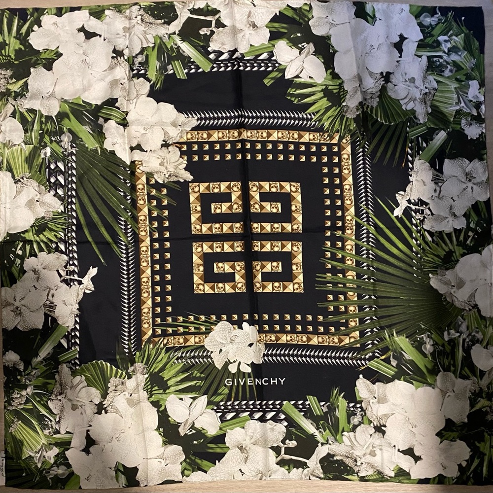 Givenchy Green and White Silk Scarf
